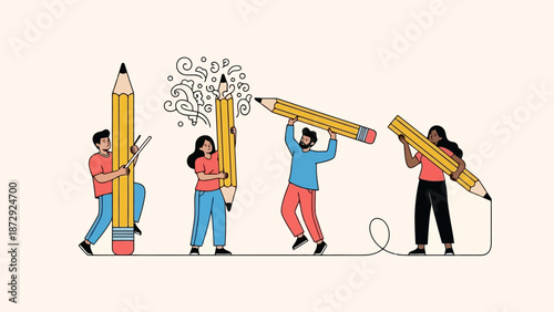 A diverse group of people collaborating to create art using giant pencils, symbolizing teamwork and creativity.