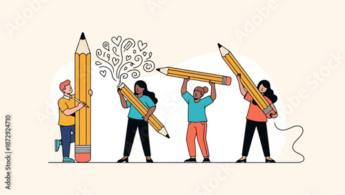 Diverse group of people collaborating and creating art with giant pencils, symbolizing teamwork and imagination.
