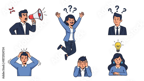 Collection of diverse business people expressing various emotions and states of mind, including anger, confusion, joy, and realization.