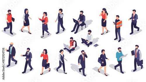 Isometric illustration of diverse business professionals engaged in various activities like walking, talking on phones, and working on laptops, set against a white background.