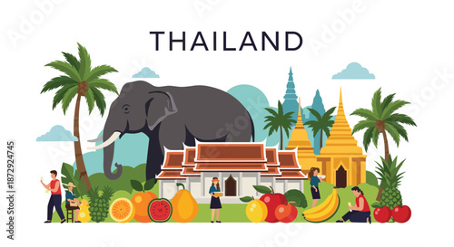 A vibrant composition of famous Thai cultural icons, including an elephant, temples, tropical fruits, and people, with 'Thailand' text.
