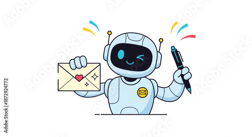 A cute and friendly robot or chatbot holding a love letter and a pen, symbolizing AI-powered communication or content creation.