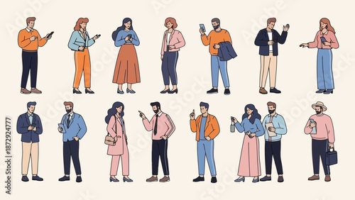A diverse group of men and women of various ages and ethnicities, all casually dressed and holding smartphones, standing and interacting with their devices.