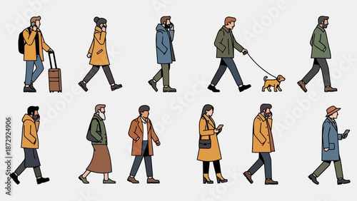 A collection of diverse people walking in various directions, some using mobile phones, one with a dog, and another with luggage, illustrating urban pedestrian activity.