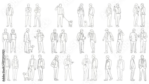 Collection of detailed line drawings of people in various casual poses, some with dogs, showcasing everyday life and interactions.