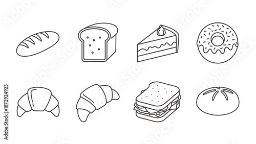Bakery and Pastry Line Icon Set, Bread and Dessert Vector Collection, Donuts, Croissant, Cake, and Sandwich Icons for Cafe Menu Design