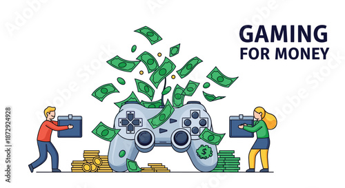 People putting money into a large game controller, illustrating the concept of 'Gaming for Money' through esports or streaming.