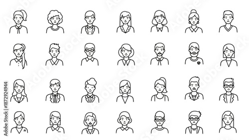 A collection of diverse, stylized, black and white line art icons representing various people and professions, suitable for user profiles or organizational charts.