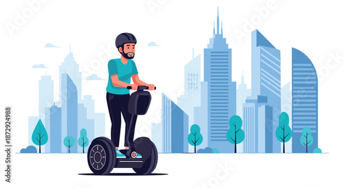 A young man in a helmet smiles as he rides a self-balancing scooter through a park with a modern city skyline background.