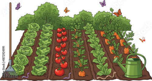 Vegetable garden illustration with rows of tomatoes, carrots, and cabbage, featuring gardening tools like rake and watering can with butterflies.