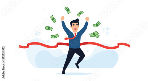 A happy businessman celebrates a financial victory by crossing a finish line as money rains down from above.