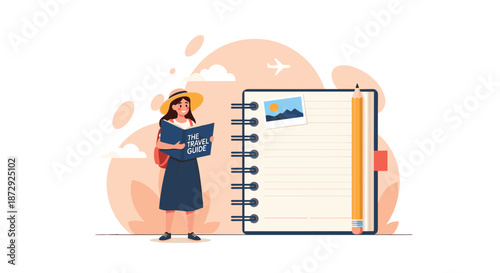 A young female traveler reading a travel guide next to a large blank notebook and pencil for planning a vacation or trip.