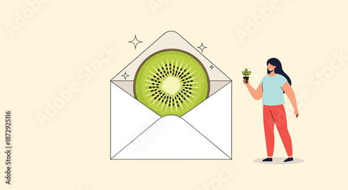 A creative illustration of a woman holding a small plant, standing next to a large open envelope with a kiwi slice inside.