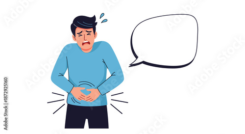 Man suffering from a severe stomach ache, clutching his abdomen in pain with a distressed expression and an empty speech bubble.