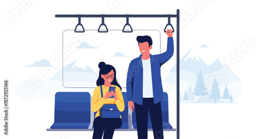 Young man and woman commuting on a bus or train, with the woman using her smartphone and a mountain landscape in the window.