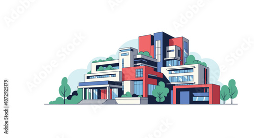 Modern architectural illustration of a futuristic multi-level residential building with a geometric design and rooftop greenery.