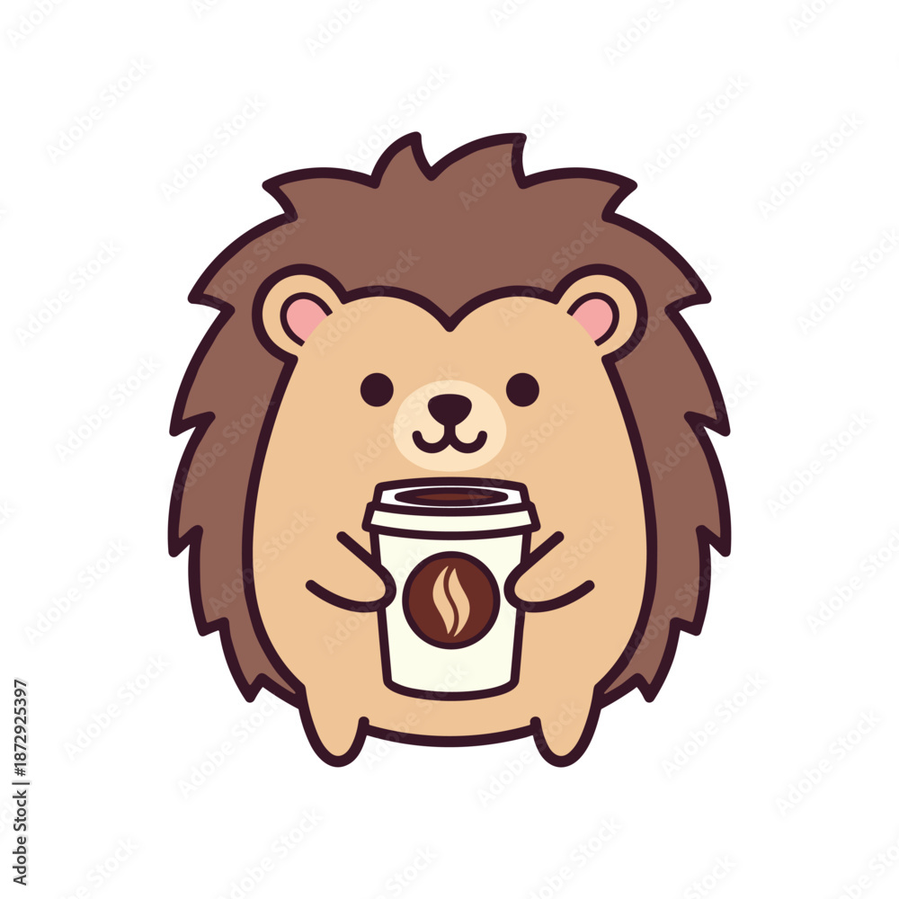 Fototapeta premium Adorable Cartoon Hedgehog Enjoying Coffee