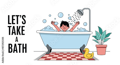 Cheerful young boy playing with bubbles while taking a bath in a tub, with the text lets take a bath for hygiene promotion.