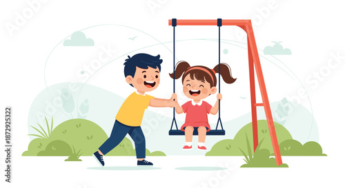 Happy little girl laughing while her older brother or father pushes her on a swing at a sunny park playground illustration.