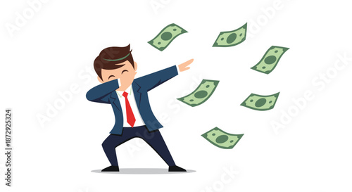 Successful businessman doing the dab dance pose while celebrating his financial success with money flying all around him.