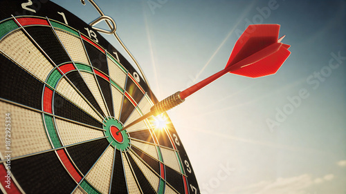 Bild auf Leinwand Red Dart Arrow Hitting the Center of a Dartboard Target with Bright Lens Flare