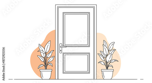 Minimalist line art drawing of a closed front door flanked by two potted houseplants, representing home, entrance, or opportunity.