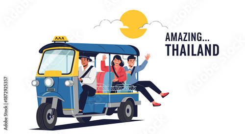 Happy tourists waving from a traditional blue tuk-tuk auto rickshaw on an amazing travel adventure through Thailand illustration.