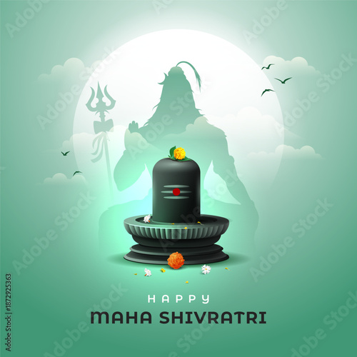 happy maha shivratri festival square banner design with illustration of lord shiva silhouette and shivling on green shiny background