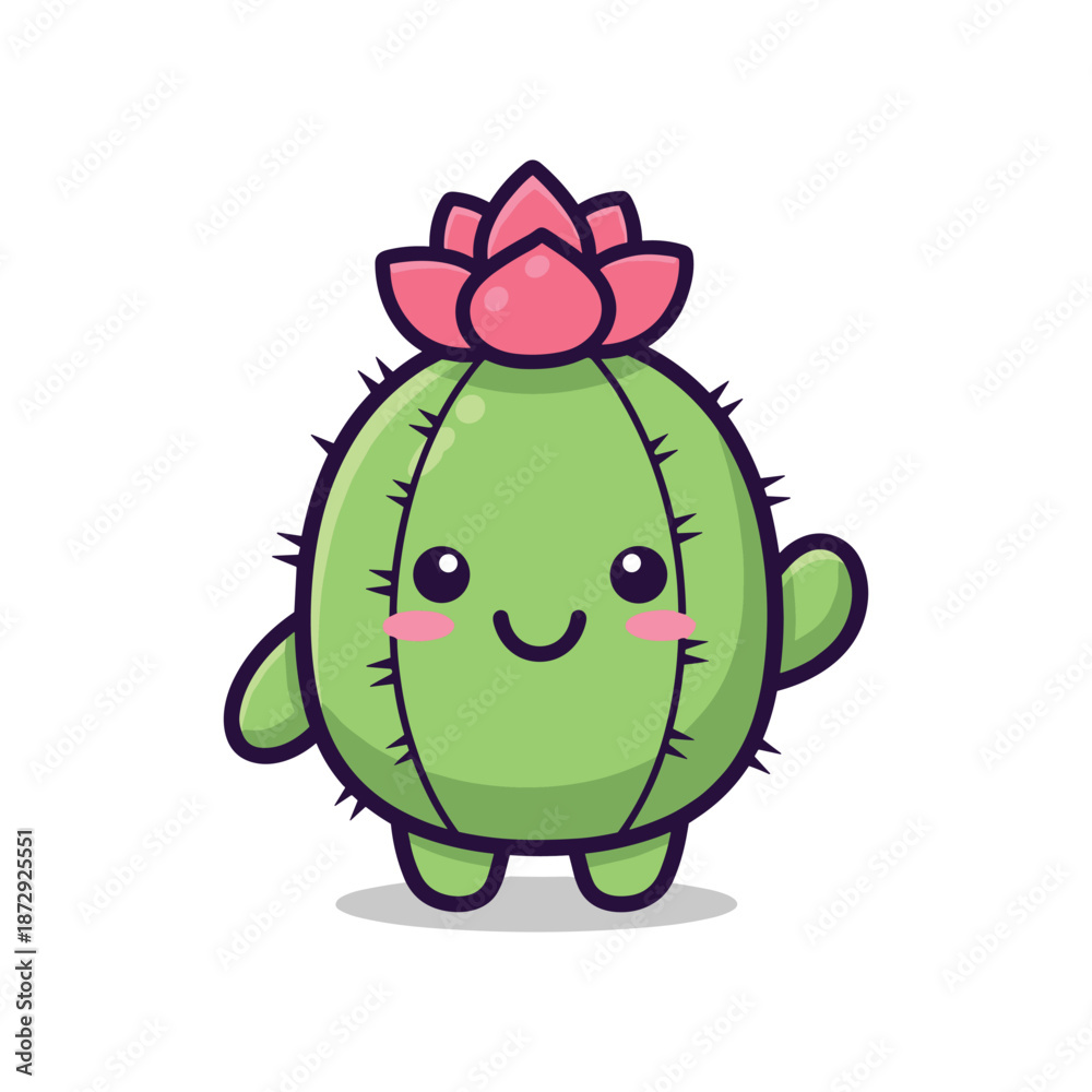 Fototapeta premium Cute Cartoon Cactus with Pink Flower Illustration
