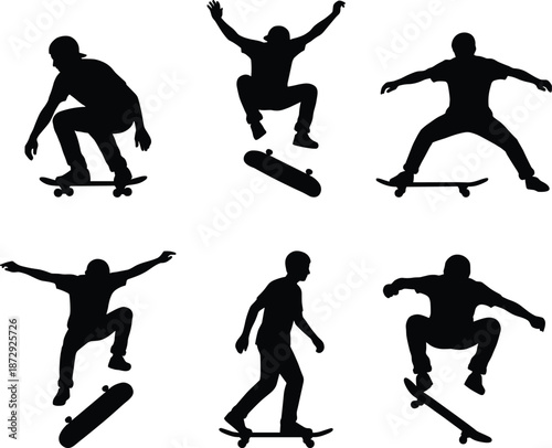 Set of black silhouettes featuring skateboarders in various action poses including jumping, performing ollies, and riding for urban sports graphic design
