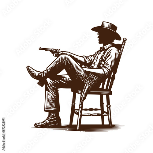A cowboy sitting on a chair with a gun