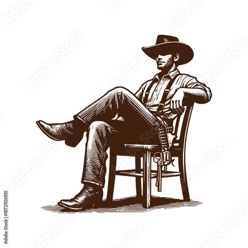 A cowboy sitting on a chair with a gun