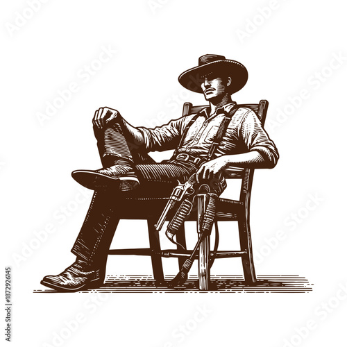 A cowboy sitting on a chair with a gun