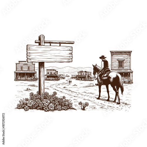 Cowboy riding horse on dirt road near old buildings
