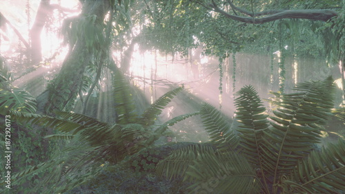 Canvas Print In a vibrant jungle, sunlight streams through the thick foliage, creating a magical atmosphere