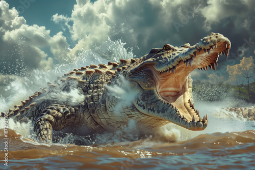 Prehistoric Crocodile massive extinct reptile head with sharp teeth and thick scales resting on a muddy river bank landscape