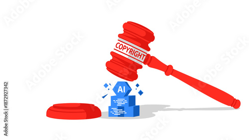 A red judge's gavel with 'COPYRIGHT' inscribed, poised to strike blue blocks labeled 'AI' and 'DATA', symbolizing legal challenges in artificial intelligence.
