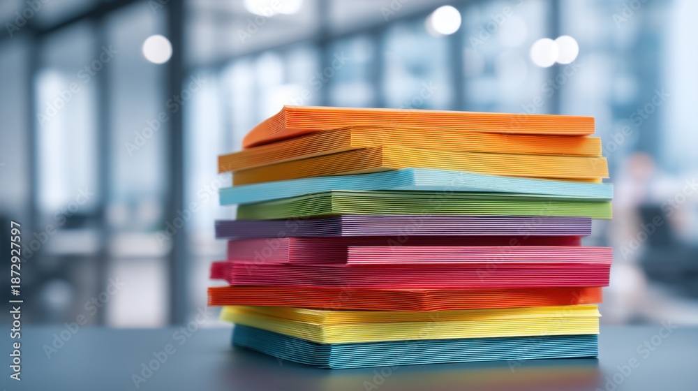 Obraz premium Colorful stack of multicolored paper sheets in modern office setting.