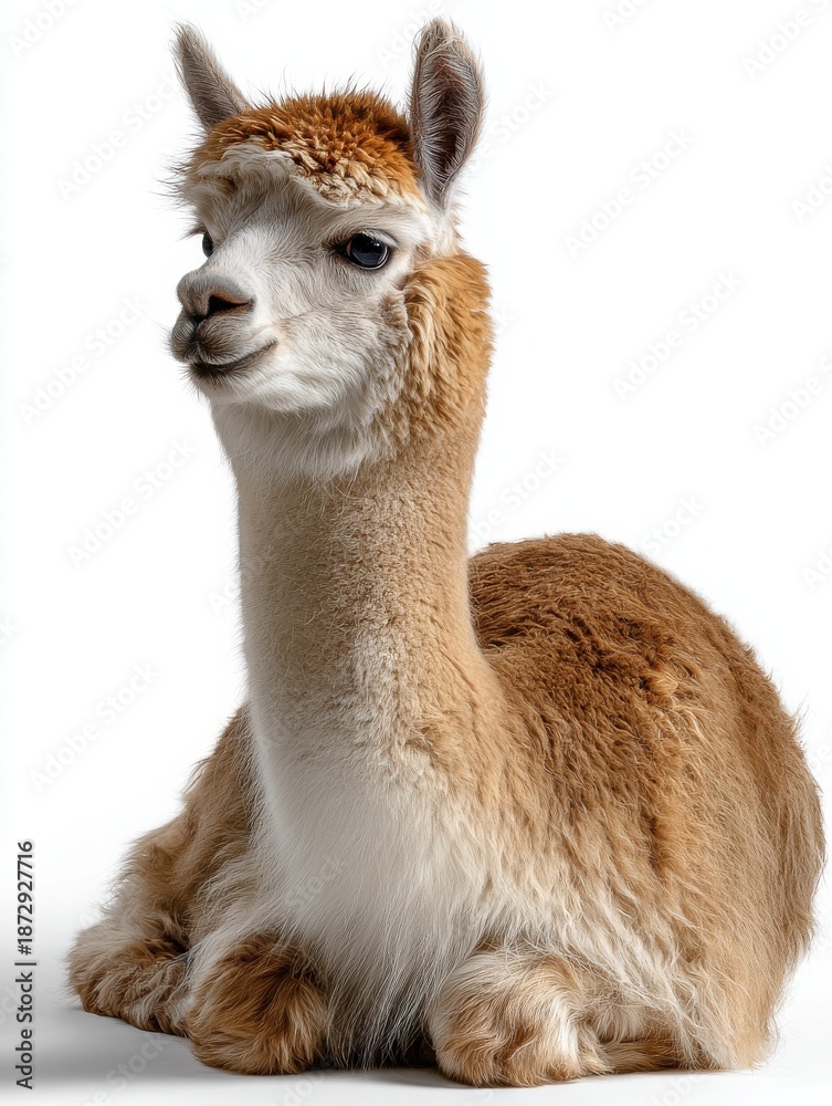 Obraz premium A brown and white llama is laying down on a white background