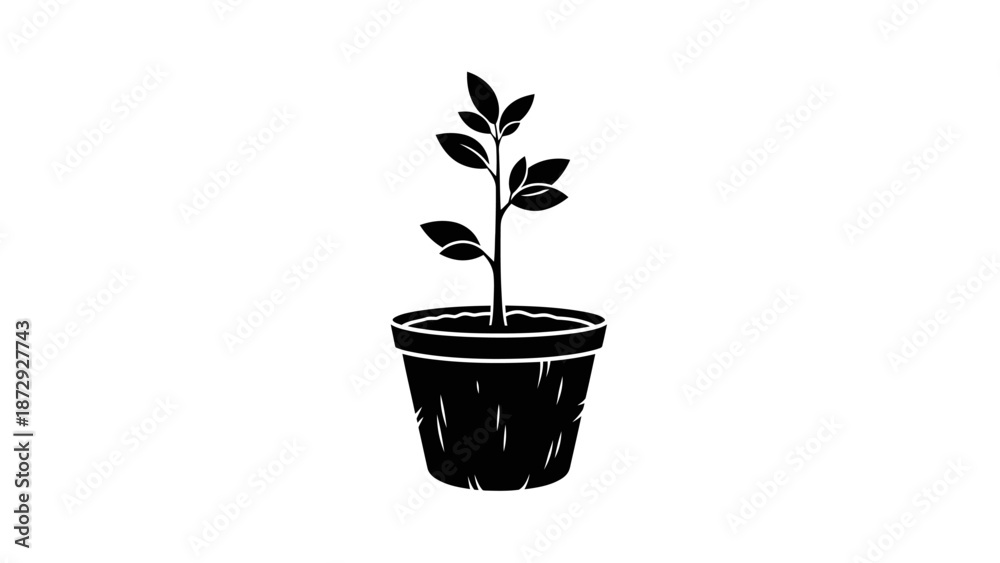 Obraz premium A simple black and white illustration of a plant in a pot.