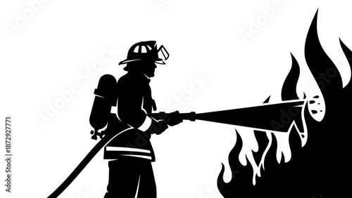 Silhouette of a firefighter putting out a fire with a hose.