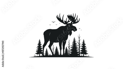 Majestic moose silhouette standing tall amidst a serene forest landscape.