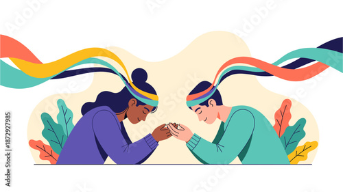 Two diverse individuals connect through a vibrant exchange of thoughts and ideas, symbolizing empathy, understanding, and shared human experience.