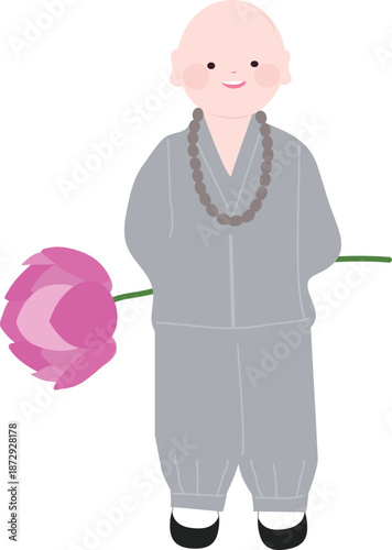 Cute Young Monk Holding Lotus Flower with Hands Behind Back