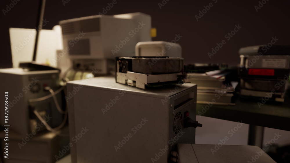 Naklejka premium Vintage computer gear is scattered across a tabletop in a softly illuminated space. Each device tells a story of technologys evolution over time and the pasts interesting moments.