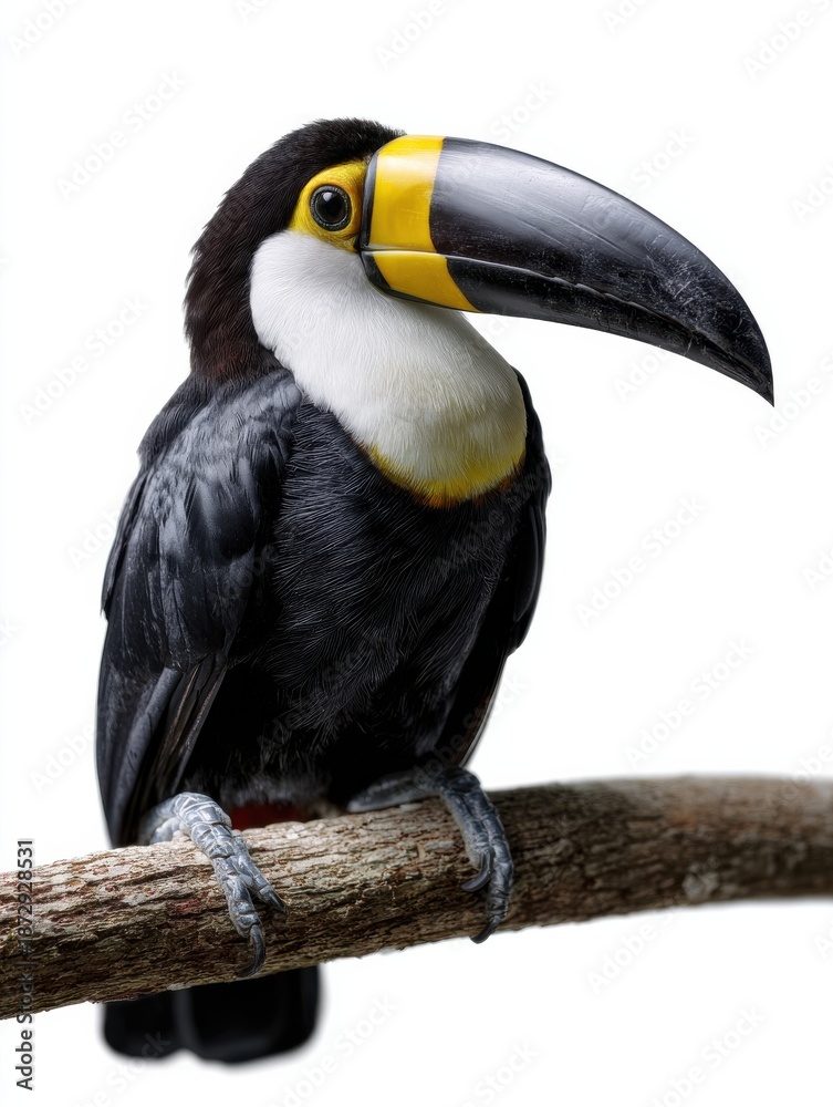 Fototapeta premium A black and white bird with a yellow beak is perched on a branch
