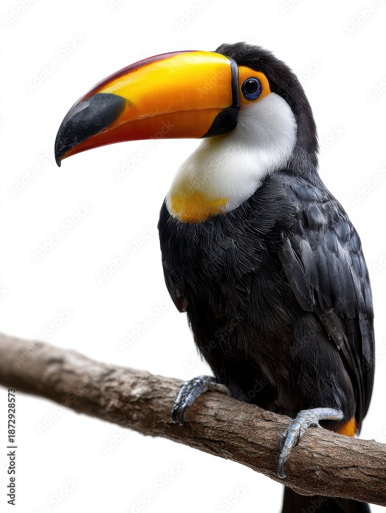 Fototapeta premium A black and yellow bird is perched on a branch