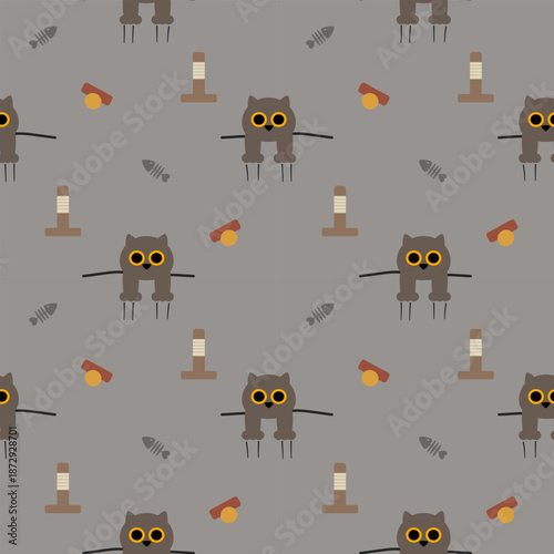 Cat cartoon so cute. On scratching post fishbone collar gray background. Pattern seamless vector illustration. 