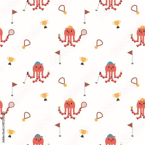 Squid play tennis golf cartoon so cute. On medals golf hole flag trophy background. Pattern seamless vector illustration. 