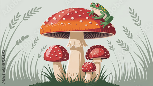 a green frog sitting on top of a large red mushroom with white spots surrounded by smaller mushrooms and grass